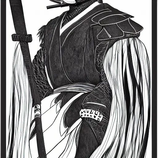 Image similar to a portrait of Black bird as samurai, detailed, editorial illustration, matte print, concept art, ink style sketch,