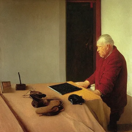 Prompt: weeping desperate grandpa trying to figure out how to send an email sitting in his small room looking at his lenovo thinkpad laptop t 4 1 0 8 gb ram leonardo da vinci giotto jamie wyeth greg rutkowski winslow homer thomas eakins lucian freud edward hopper j. m. w. turner oil painting