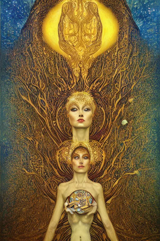 Prompt: Tree of Life by Karol Bak, Jean Deville, Gustav Klimt, and Vincent Van Gogh, mysterious, sacred geometry, Surreality, radiant halo, otherworldly, enigma, fractal structures, celestial, arcane, ornate gilded medieval icon, third eye, spirals