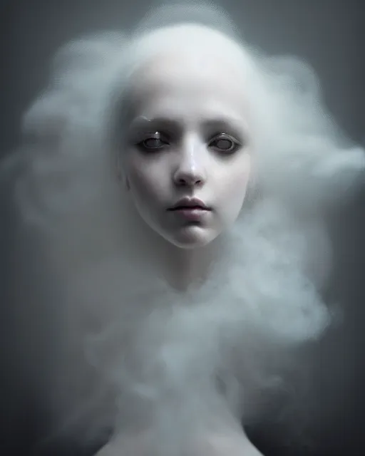 Image similar to delicate, dreamy, feminine, subsurface scattering, white, young beautiful robot - cyborg in cosmos long white hair floating in air, fluid smoke art, black and white, octane render, dino valls, mark ryden, joe fenton, michal karcz, highly detailed, rim light, art, cinematic lighting, very coherent, hyper realism, 8 k