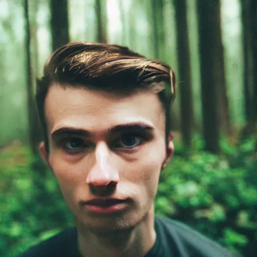 Prompt: close up kodak portra 4 0 0 photograph of a skinny guy standing in dark forest, face of flowers, moody lighting, telephoto, 9 0 s vibe, blurry background, vaporwave colors, faded!,