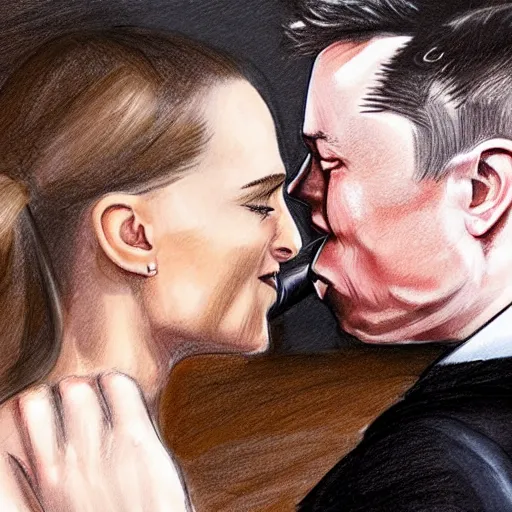 Prompt: a sketch of Elon Musk kissing Natalie Portman