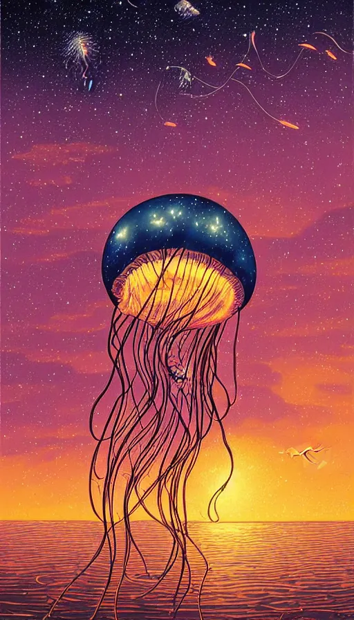 Image similar to Jellyfish floating in starlit sunset sky, italian futurism, Dan Mumford, da vinci, Josan Gonzalez