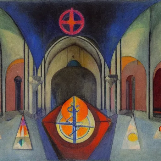 Image similar to apocalyptic scene,prayer,occult,refugees,mosque synagogue interior,masks,geometric art,prism,patina,edward hopper,hilma af klint