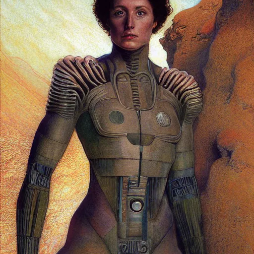 Image similar to masterpiece full body portrait Ripley on Dune, by Edgar Maxence and Ross Tran and Michael Whelan and Gustav Klimpt