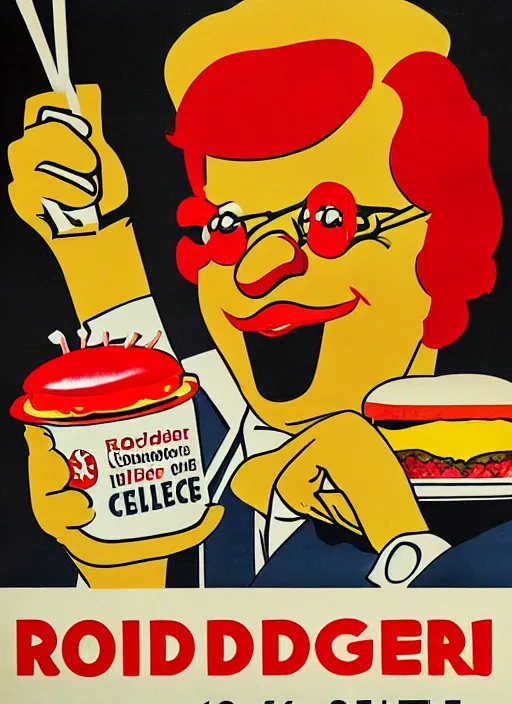 Image similar to cold war civil defense poster, for ronald mcdonald holding a tray of burgers,