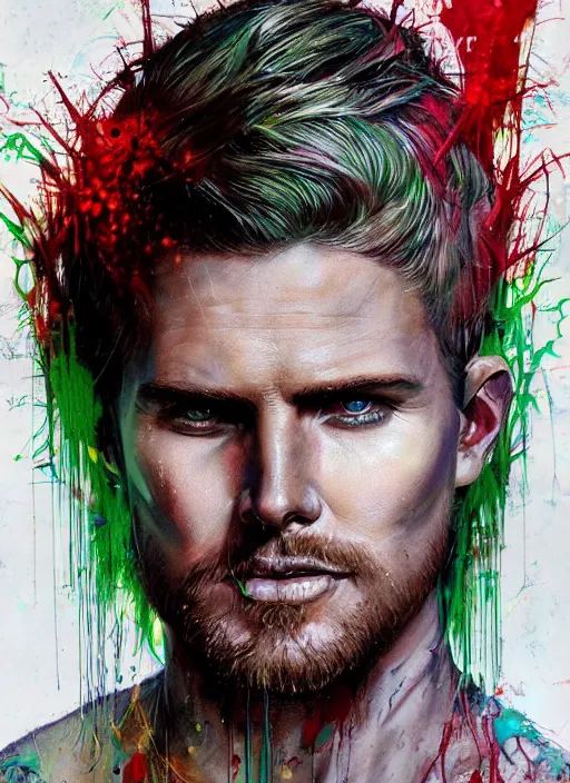 Image similar to a Demon Slayer portrait of Stephen Amell, tall, pale-skinned, slender with lime green eyes and long eyelashes by Stanley Artgerm, Tom Bagshaw, Arthur Adams, Carne Griffiths, trending on Deviant Art, street art, face enhance, chillwave, maximalist, full of color, glittering