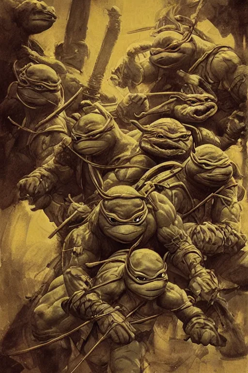 Image similar to portrait of a ninja turtles across the ages l, frazetta themed, in style of Valentin Serov, in style of Ruan Jia, insanely detailed and intricate, golden ratio, elegant, ornate, luxury, elite, matte painting, cinematic, cgsociety, James jean, Brian froud, ross tran, Laputa