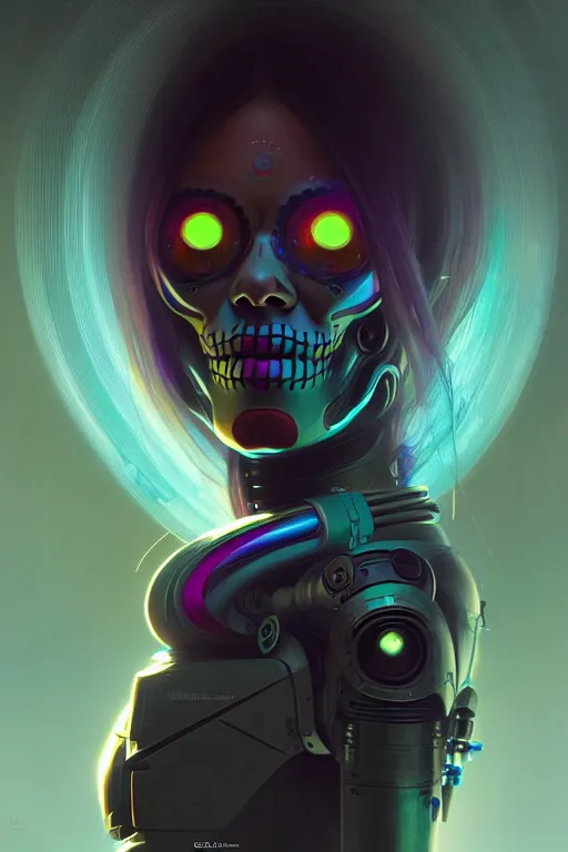 Prompt: ultra detailed, portrait of a female android, sci - fi, triadic color scheme, moody, calm, ( dia de los muertos ), asymmetrical, intricate concept art, art by godmachine and michael welan and dzo and greg rutkowski and alphonse mucha and loish and wlop