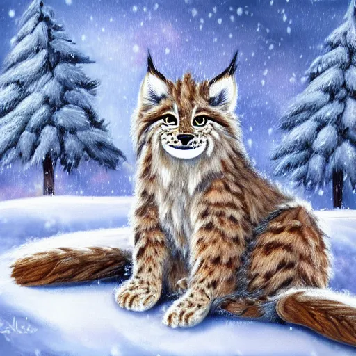 Image similar to cute fluffy lynx sitting in snowy winter landscape detailed painting 4 k