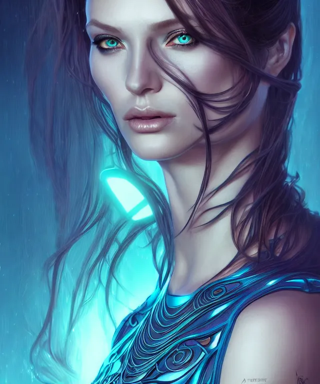 Image similar to Supermodel woman turning into an Android portrait, dark surrealism , scifi, intricate, elegant, highly detailed, teal neon glowing eyes, digital painting, artstation, concept art, smooth, sharp focus, illustration, art by artgerm and moebius and alphonse mucha