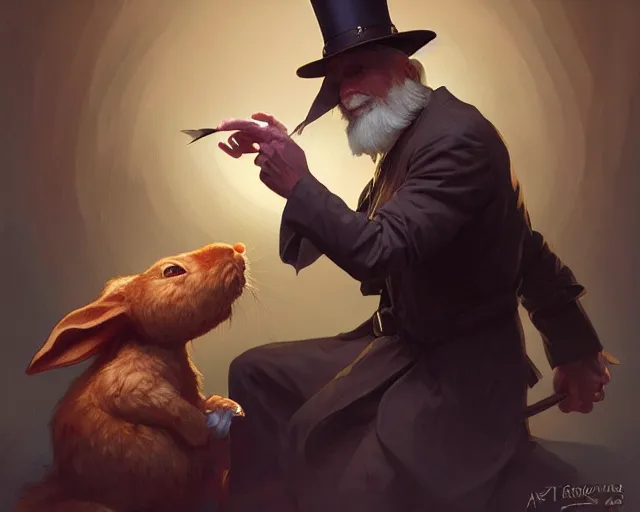 Image similar to an old man magician pulling a rabbit out his hat, deep focus, d & d, fantasy, intricate, elegant, highly detailed, digital painting, artstation, concept art, matte, sharp focus, illustration, hearthstone, art by artgerm and greg rutkowski and alphonse mucha