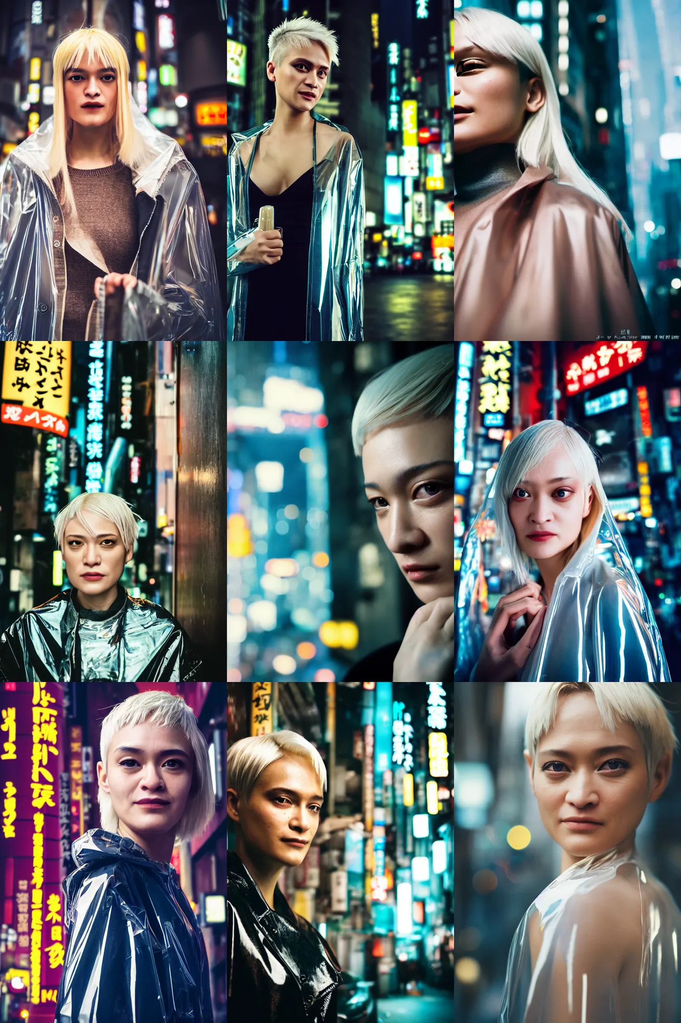 Prompt: Kodak Portra 400, 8K, highly detailed, wachowski 3/4 extreme closeup portrait, clear eyes, focus on clear transparent raincoat blonde pixie hair model, tilt shift zaha hadid style background: famous blade runner remake, tokyo izakaya scene