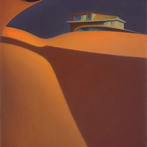 Image similar to refuge on arrakis, pj crook, grant wood, edward hopper, syd mead, chiaroscuro, oil on canvas