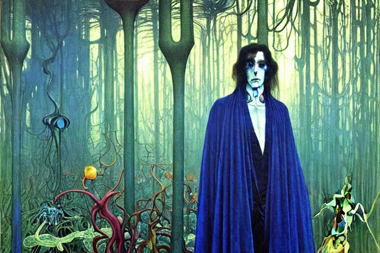 Image similar to realistic extremely detailed portrait painting of an elegantly creepy vampire man in a cape, futuristic sci-fi forest on background by Jean Delville, Amano, Yves Tanguy, Alphonse Mucha, Ernst Haeckel, Edward Robert Hughes, Roger Dean, rich moody colours, blue eyes