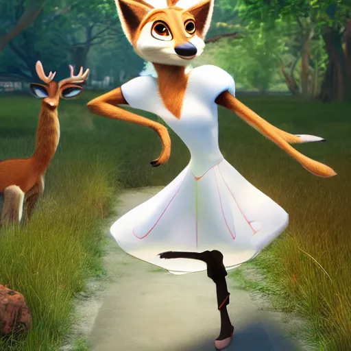 Image similar to portrait, 3 d render, anthropomorphic deer female, wearing long white dress, in the style of zootopia