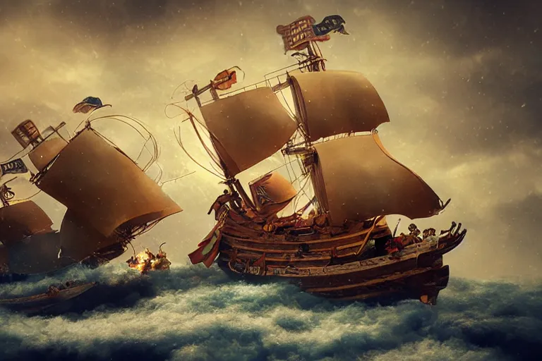 Prompt: epic pirate ship cannon battle in a storm, in the style of vernon grant and chris van allsburg, trending on artstation, bright tilt - shift camcorder effect, photoshop, retrowave, hyperrealism, octane, sharp focus, masterpiece