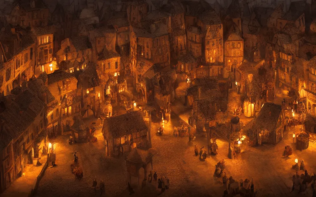 Image similar to at the square of a medieval french village made from chocolate a well in the center, arches, orange light, highly detailed, cinematic lighting, render, fantasy