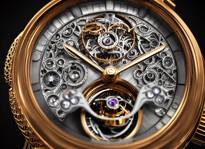 Prompt: pristine ornate tourbillon watch, white pearlescent, chrome, iridescent titanium, crystal, liquid gold, copper, bronze biomechanical, cinematic, crystalline masterpiece incrustations, hyperdetailed metalwork, in volumetric soft glowing mist, movie still, octane render, pixar, crepuscular rays,