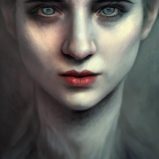 Image similar to the face of horror character portrait, lean face, cinematic lighting, glowing grey eyes, hyper - detailed, 4 k, high resolution, in the style of charlie bowater, tom bagshaw, single face, symmetrical, headshot photograph, insanely detailed and intricate, beautiful, elegant, watercolor, cinematic, portrait, raphaelite, headroom, pierre - auguste renoir