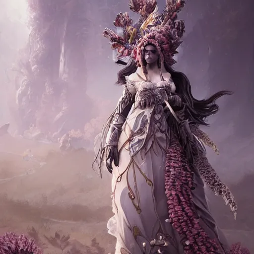 Image similar to picture generation, soft painting curiosities ornamentsl, beautiful female anthropomorphic warrior in full long dress, accurate features, focus, very intricate ultrafine details, black white purple volumetric clouds, award winning masterpiece, octane render 8 k hd, tom bagshaw artstyle, fantasy forest