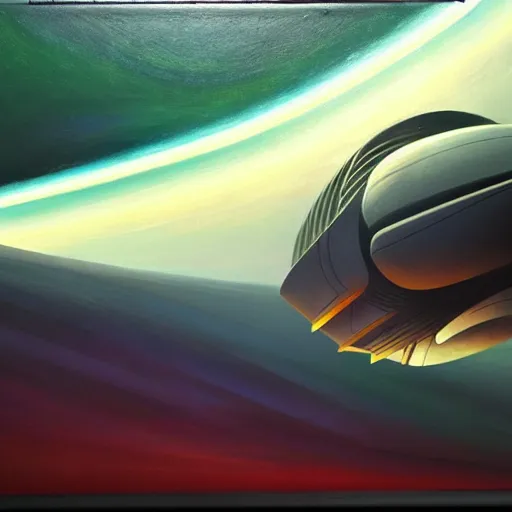 Prompt: a killian eng art deco style sci - fi spaceship, oil on canvas, smooth, sharp focus, vibrant volumetric dark natural light, dark enlightenment, alchemy, nigredo.