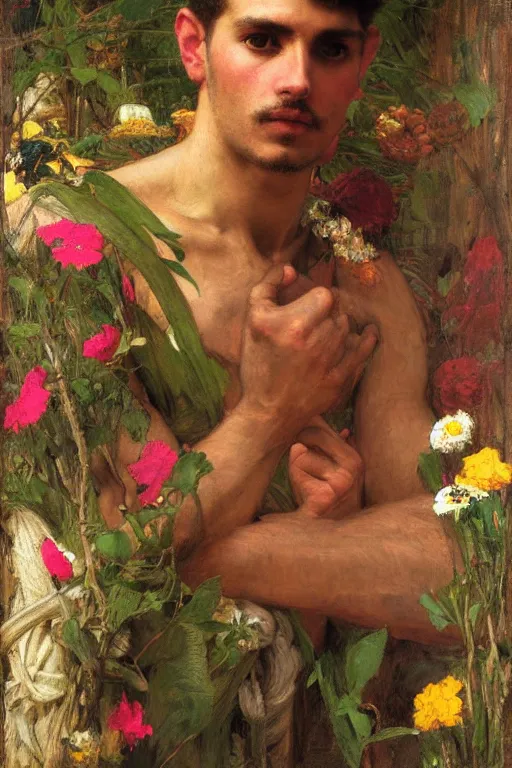 Image similar to close up of a attractive male surrounded by colourful flowers orientalist intricate portrait by john william waterhouse and edwin longsden long and theodore ralli and nasreddine dinet, hyper realism, dramatic lighting