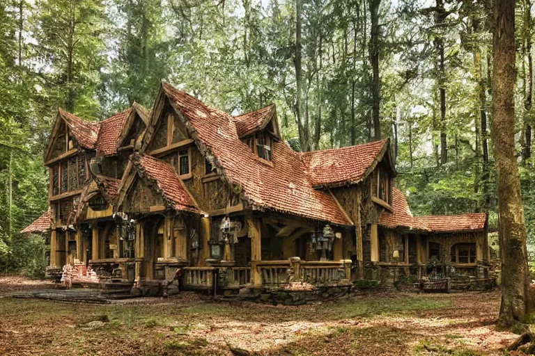 Image similar to photograph of a fantasy style woodland mansion with cogwheeled mechanic doors in an ancient forest