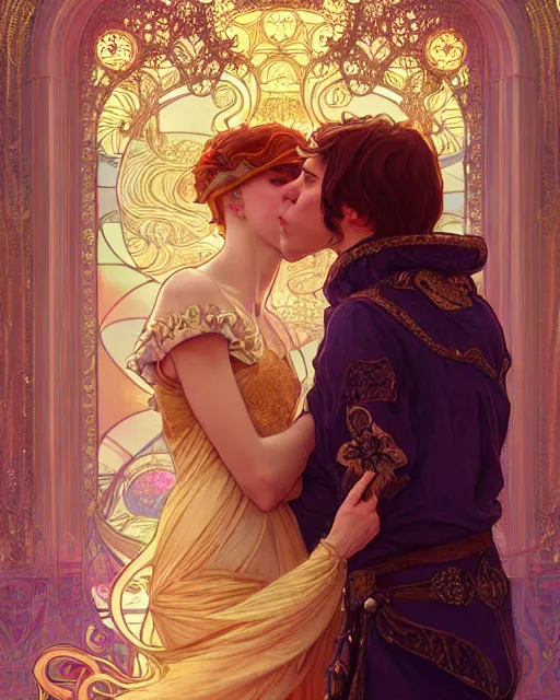 Image similar to the kiss | highly detailed | very intricate | art nouveau | gold filigree | romantic storybook fantasy | soft cinematic lighting | award - winning | painted by mandy jurgens and alphonse mucha and alena aenami | pastel color palette | featured on artstation