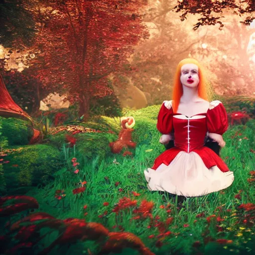 Image similar to red head queen, alice in wonderland theme, disney photo realistic, octane render, 8 k, unreal engine, hd, cinematic lighting