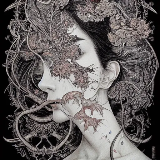 Image similar to life is so beautiful painted in alex grey and james jean style drawn by vania zouravliov and takato yamamoto, inspired by ooioo, intricate wood carving, black and white, 3 d, high detail, sharp high detail, artstation, octane