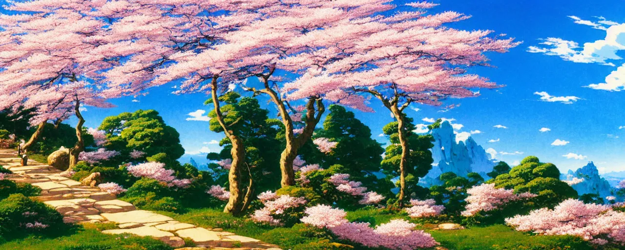 Prompt: ghibli illustrated background of a strikingly beautiful breathtaking gorgeous blue sky with puffy white clouds over a flowery rocky grassy field with cherry blossom leaves blowing in the wind by eugene von guerard, ivan shishkin, john singer sargent, 4 k