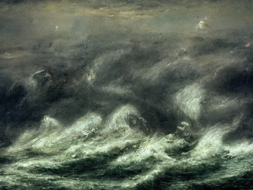 Image similar to Ocean flooding the brutalist metropolis. Wave. Painting by Arnold Bocklin, Yves Tanguy.