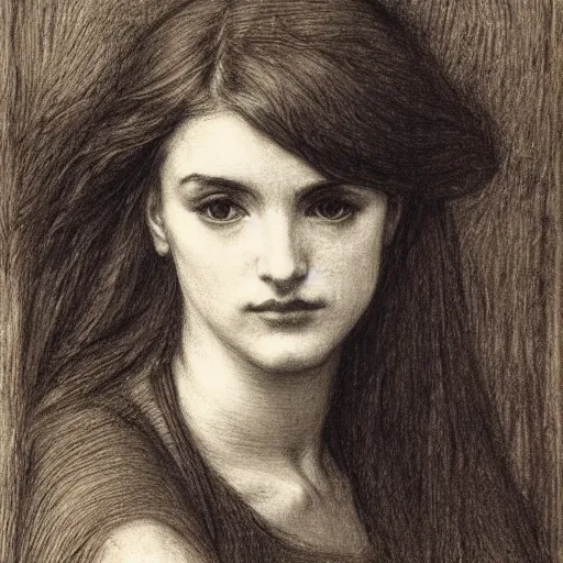 Image similar to pencil drawing of a woman, John William Waterhouse, Rossetti, John Everett Millais, serene, pre-Raphaelite, detailed, 19th-century