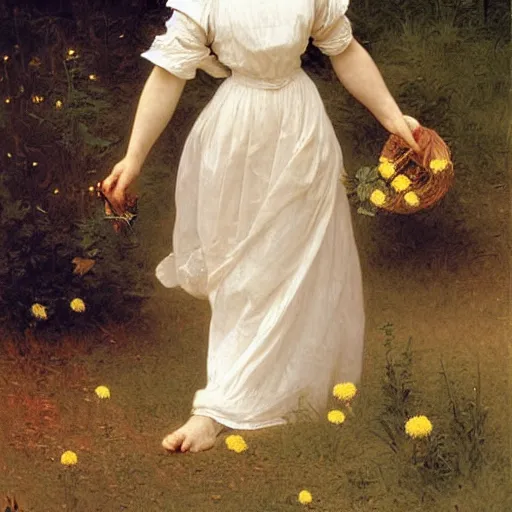 Prompt: A portrait of a fox wearing a white dress and a hat covered in dandelions, beautiful soft painting by William-Adolphe Bouguereau and Robert Cleminson