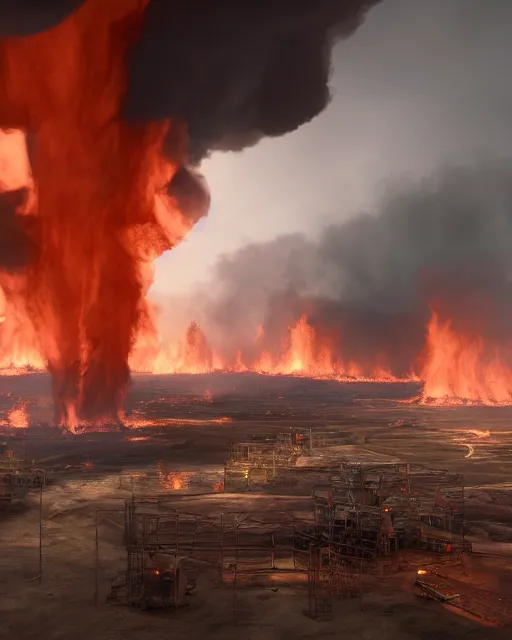 Image similar to oil fields on fire, hyper realism, cinematic, volumetric lighting, dramatic ambient lighting, epic composition, high detail, octane render, unreal engine, 8 k, professional photo, photorealistic, intricate complexity, extremely detailed,