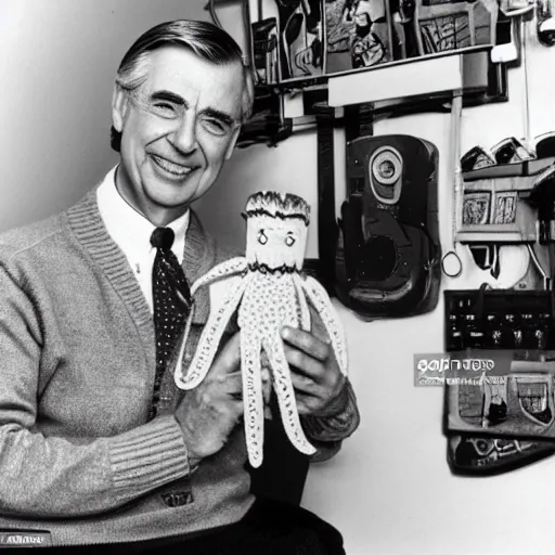 Image similar to mr. rogers proudly displaying his mr. rogers made of octopus, color production backstage photo