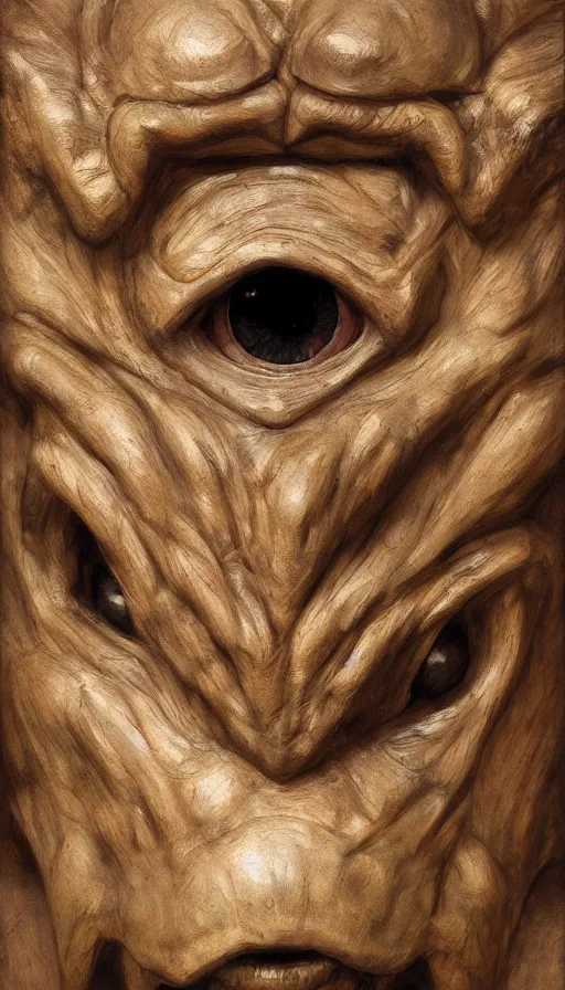 Image similar to wooden gargoyle face looking in the camera, paint texture, digital painting, highly detailed, artstation, sharp focus, sunlit, painted by ruan jia, raymond swanland, lawrence alma tadema, zdzislaw beksinski, norman rockwell, jack kirby, tom lovell, alex malveda, greg staples