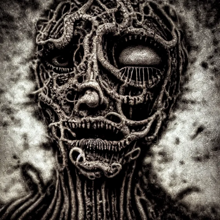 Prompt: surreal closeup face portrait of ribbed torn angel covered with thirty eyes in desolate empty wasteland, creepy, nightmare, dream-like heavy atmosphere, surreal abandoned buildings, neoclassic, baroque painting, beautiful detailed intricate insanely detailed octane render trending on Artstation, 8K artistic photography, photorealistic, volumetric cinematic light, chiaroscuro, Hieronymus Bosch, Alex Grey, Raphael, Caravaggio, Beksinski, Giger, Rembrandt