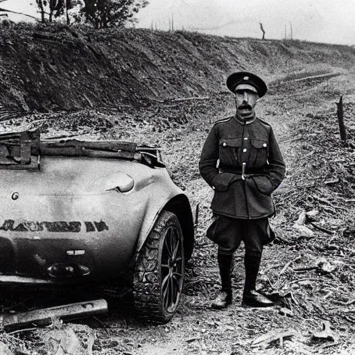 Image similar to a mazda mx-5 standing in no man's land, ww1, grainy black and white photograph