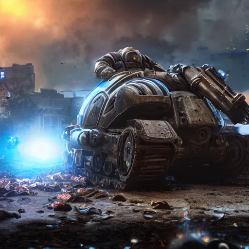 Image similar to a 'Blastoise Tank' in 'Gears of War', splash art, movie still, cinematic lighting, detailed face, dramatic, octane render, long lens, shallow depth of field, bokeh, anamorphic lens flare, 8k, hyper detailed, 35mm film grain