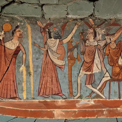 Image similar to an ancient greek mural of rabbits partying