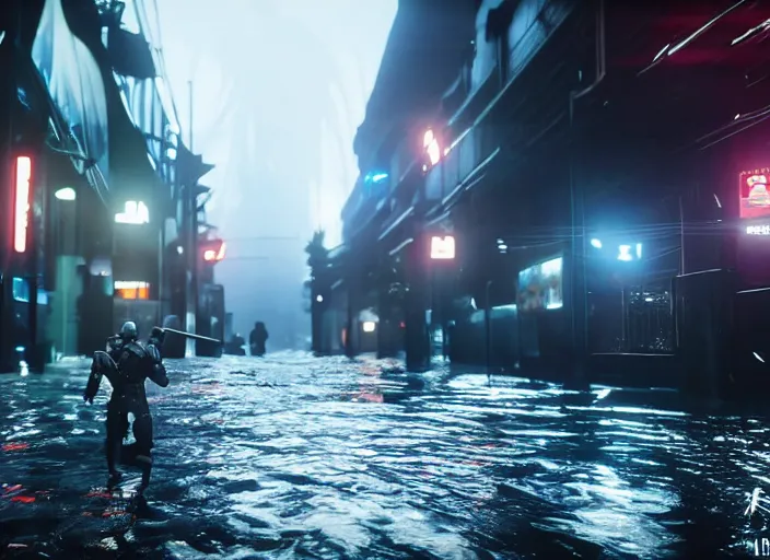 Prompt: 4k 60fps in-game destiny 2 gameplay showcase dark, misty, foggy, flooded rainy tokyo japan street in Destiny 2, liminal creepy, dark, dystopian, abandoned, highly detailed