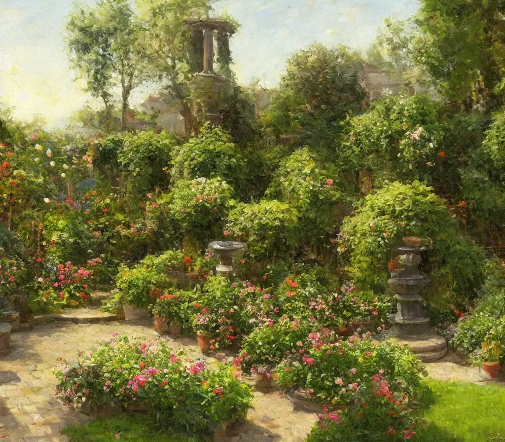 Prompt: Small garden with hedges, center fountain. Paving stones. Vegetable garden, some flowers. history painting, artificial sun light, peaceful tiny walled garden, artstation, oil on canvas, by Albert Aublet, Private Collection
