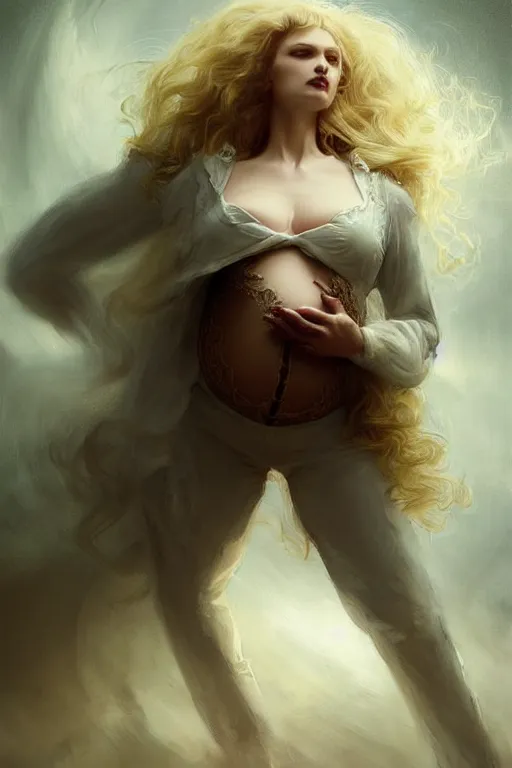 Image similar to johan liebert mixed with alucard picture by Greg Rutkowski, long fluffy blond curly hair, baroque curls, dynamic pose, matte painting, intricate, z brush, fantasy concept art, elegant, pregnant, by Stanley Artgerm Lau, WLOP, golden ratio, thomas kindkade, alphonse mucha, loish, Peter chung, norman Rockwell,