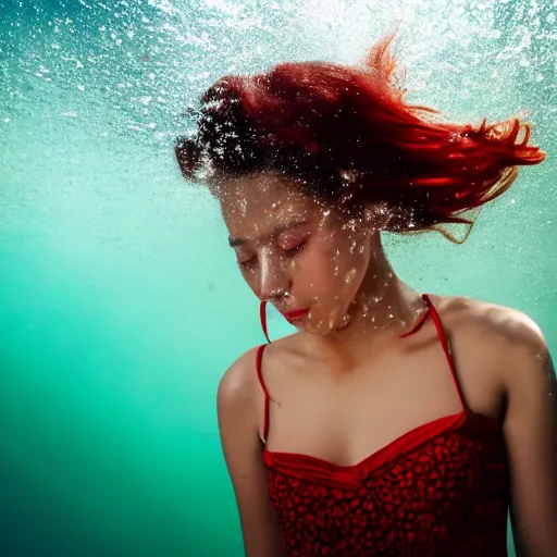 Prompt: medium close up cinematic of a beautiful teen completely underwater wearing a floral sundress, eyes closed, bright red lipstick, sinking as if drowing, motion blur, long exposure. Seed image is [3790640580]