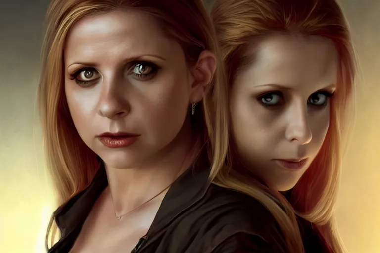 Image similar to Buffy Summers as a vampire, dramatic lighting, hyper-realistic, extremely high detail, trending on artstation