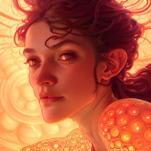 Prompt: Portrait of a polymorphic girl surrounded by glowing nodes, face, fantasy, intricate, elegant, highly detailed, digital painting, artstation, concept art, smooth, sharp focus, illustration, art by Jesper Ejsing and Fernanda Suarez and Artem Demura and alphonse mucha