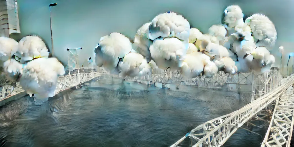 Image similar to explosions in the form of realistic white cotton plants on harbour bridge, huge white cotton everywhere on the destroyed harbour bridge, smooth, sharp focus, highly detailed, 3 d octane render, epic lighting, crazy atmosphere, lots of white cotton, 8 k, by goro fujita