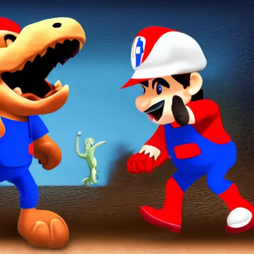 Image similar to italian plumber wearing a red hat and shirt, blue jumpsuit fighting a dinosaur.